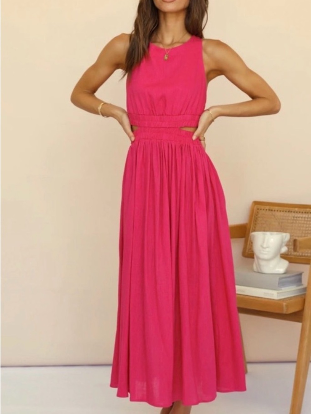 Sleeveless Fuchsia Maxi Dress with Smocked Waist